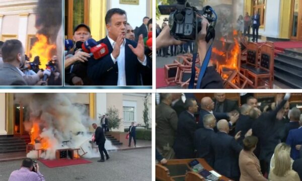 Opozita në Shqipëri protestë kundër arrestimit të deputetit Salianji, i vë zjarrin Parlamentit: Askush nuk na e mbyll dot gojën (VIDEO)