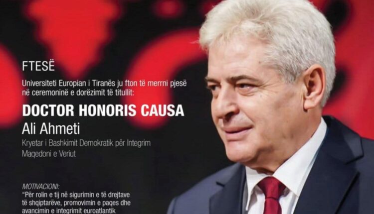 Ali Ahmeti nderohet sot me titullin “Doctor Honoris Causa” nga Universiteti Europian i Tiranës