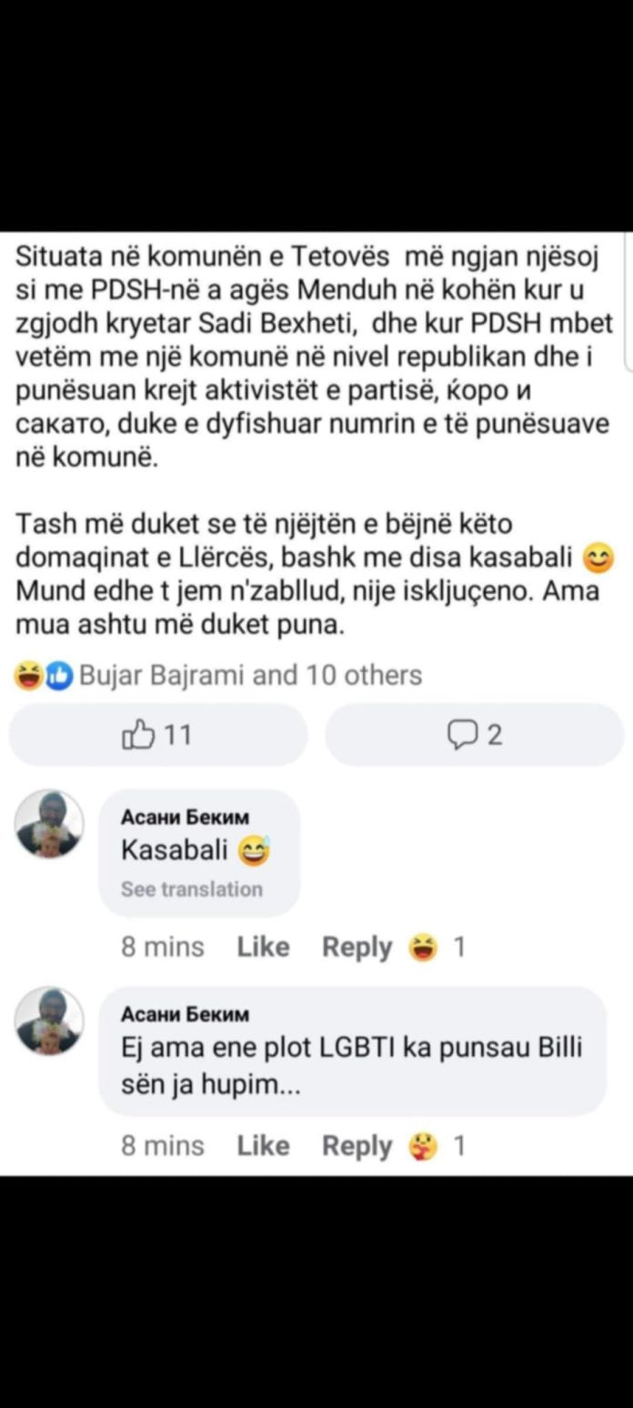 Kryetari i LGBT falenderon Bilall Kasamin për punësimin e aktivistëve të LGBT Kryetari i LGBT falenderon Bilall Kasamin për punësimin e aktivistëve të LGBT