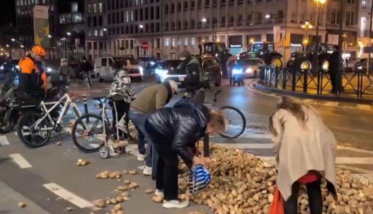 Qytetarët në Bruksel marrin patate falas në rrugë, i hodhën fermerët gjatë protestës