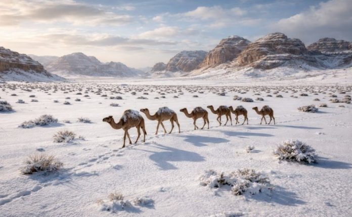 Borë ra në Arabinë Saudite: Magji dimërore në shkretëtirë