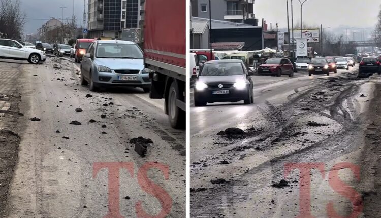 Shoferi dëmton rrugën në Tetovë duke derdhur materiale, rrezik për aksidente (VIDEO)