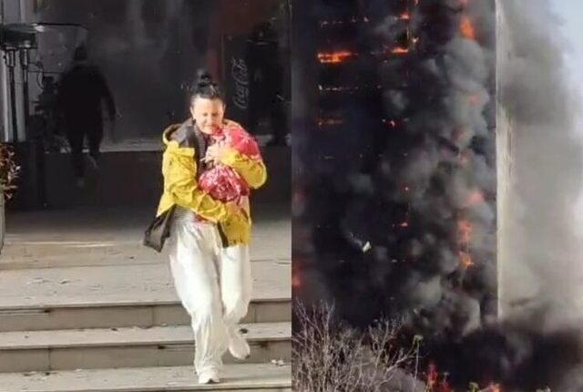Pamje dramatike në mes të Tiranës! Pallati i gjithi nën flakë, nëna largohet me foshnjen në duar (VIDEO)