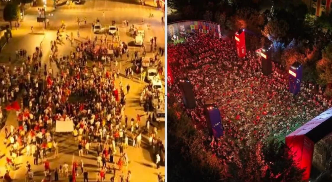 Rama publikon foto nga protesta dhe sheshi i tifozëve të ndeshjes Portugali Spanjë  Kjo osht Tirona jonë e kontradiktës