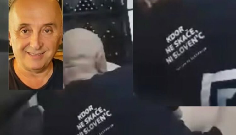 “Kush nuk kërcen nuk është Slloven”, detaji në bluzën e biznismenit Demo Haliti nga Gostivari që paraqitet në videot po”rnog”rafike të Adrian Hilës