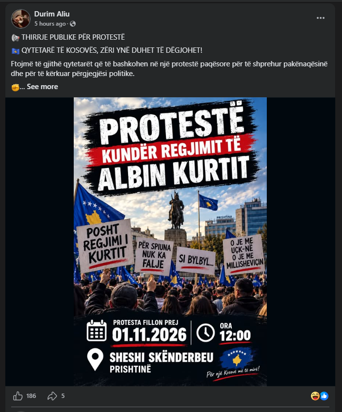 Thirret protestë kundër Albin Kurtit më 1 nëntor Thirret protestë kundër Albin Kurtit më 1 nëntor